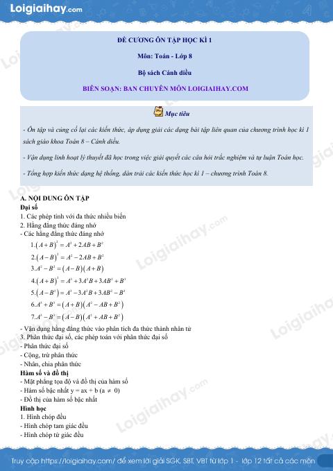 Đề cương ôn tập HK1 Toán 8 Cánh diều có đáp án
